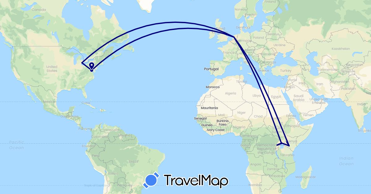 TravelMap itinerary: driving in Kenya, Netherlands, Uganda, United States (Africa, Europe, North America)